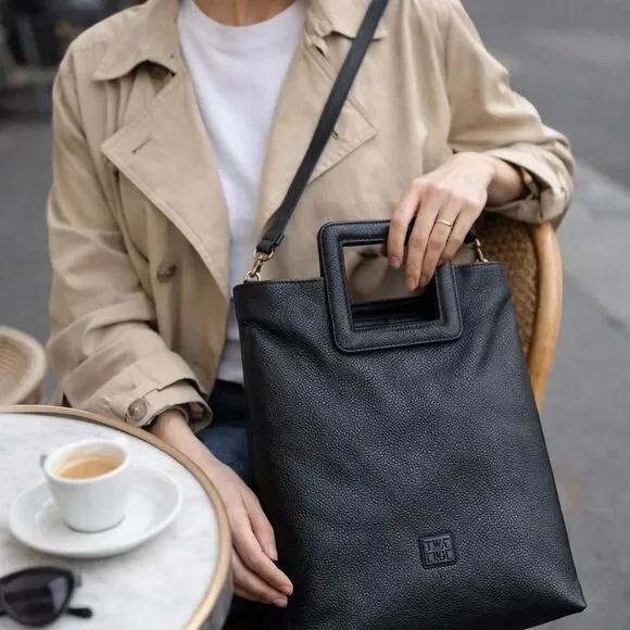 TMRW Studio Antonio Black Leather Tote Bag Square Handle Minimalist - Picture 3 of 8